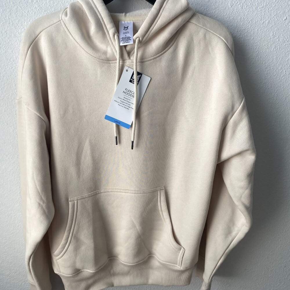 Members Mark Fleece Pullover Hoodie Beige kangaroo pocked ribbed cuff Men Large